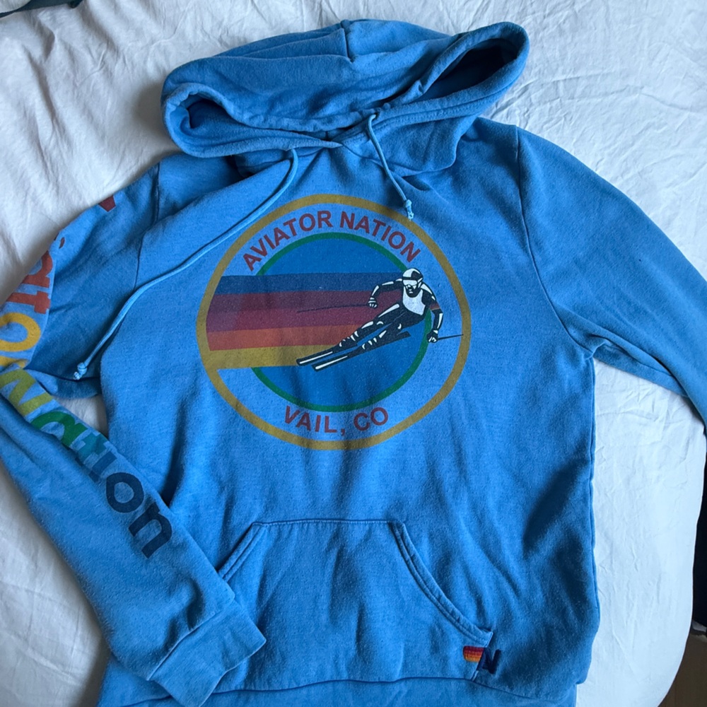 Aviator Nation Sky Blue Hoodie with Rainbow Graphic Vail XL